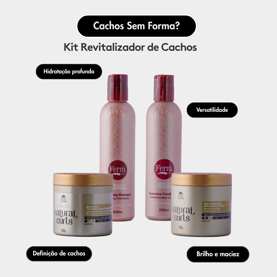 Kit Avlon Ferm Natural Curls para revitalização e definição de cachos, com produtos para cuidado diário.
