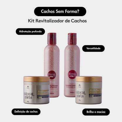 Kit Avlon Ferm Natural Curls para revitalização e definição de cachos, com produtos para cuidado diário.