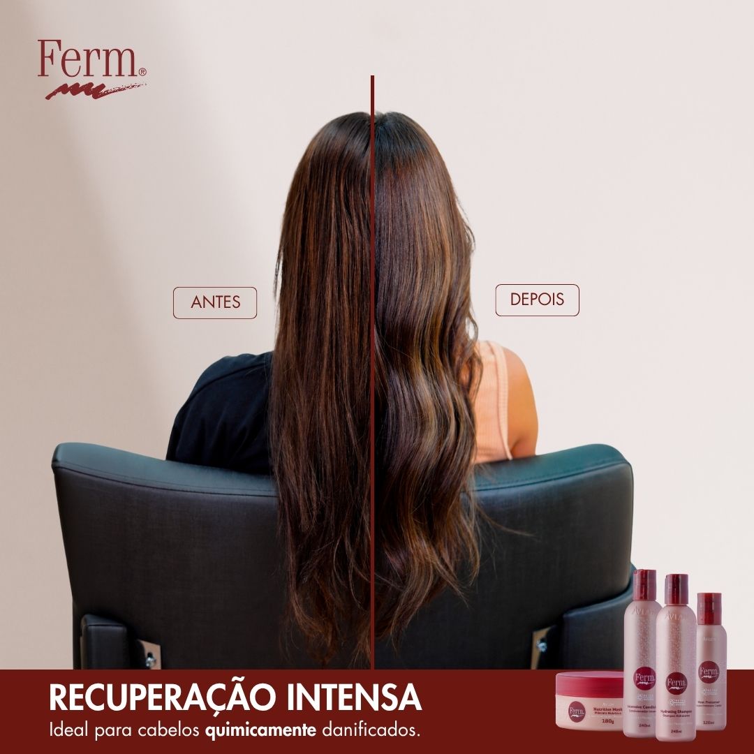 Comparação antes e depois da linha Avlon Ferm Recuperação Intensa para cabelos quimicamente danificados.