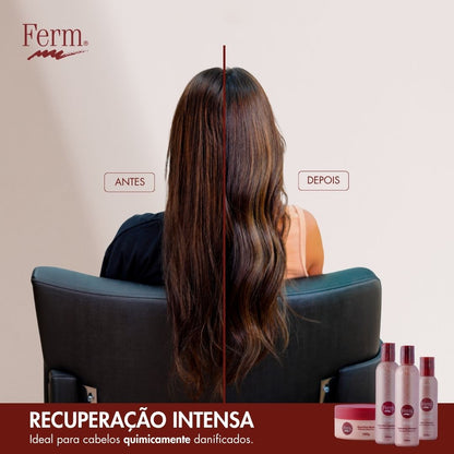 Comparação antes e depois da linha Avlon Ferm Recuperação Intensa para cabelos quimicamente danificados.