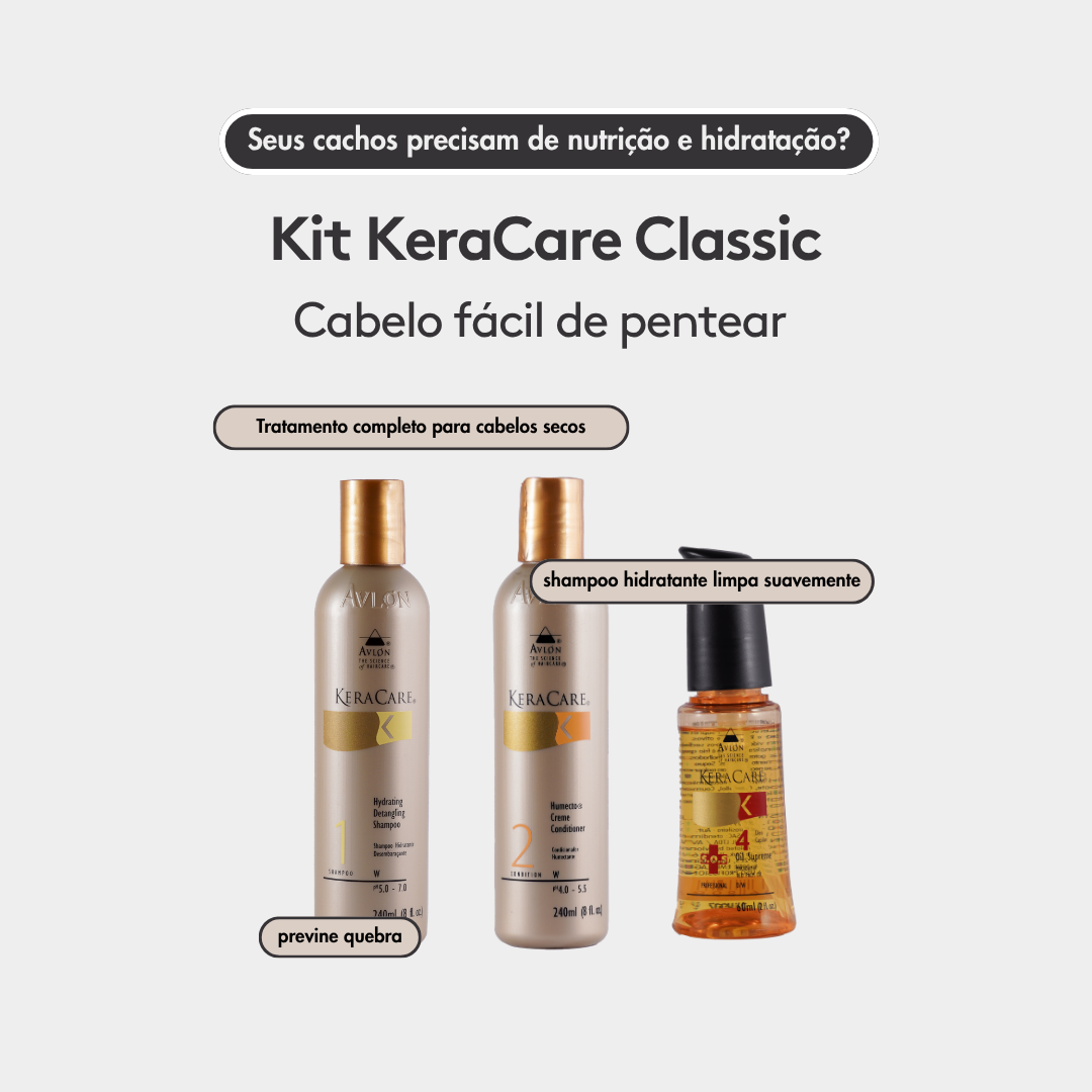 Kit KeraCare Classic com shampoo hidratante, condicionador e óleo para nutrir cabelos secos, facilitar o penteado e prevenir a quebra.