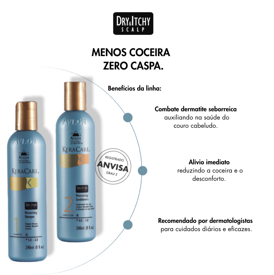 Shampoo e condicionador KeraCare Dry &amp; Itchy Scalp com benefícios para aliviar coceira, caspa e desconforto do couro cabeludo.