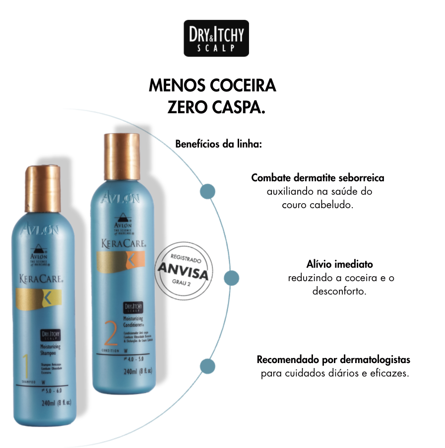 Shampoo e condicionador KeraCare Dry &amp; Itchy Scalp com benefícios para aliviar coceira, caspa e desconforto do couro cabeludo.