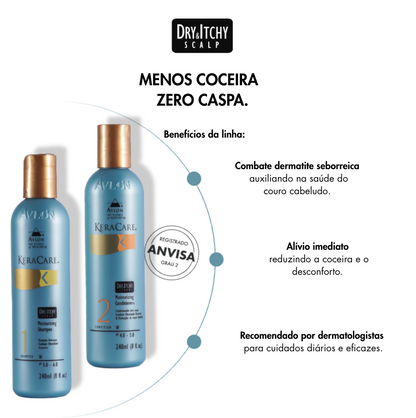 Shampoo e condicionador KeraCare Dry &amp; Itchy Scalp com benefícios para aliviar coceira, caspa e desconforto do couro cabeludo.