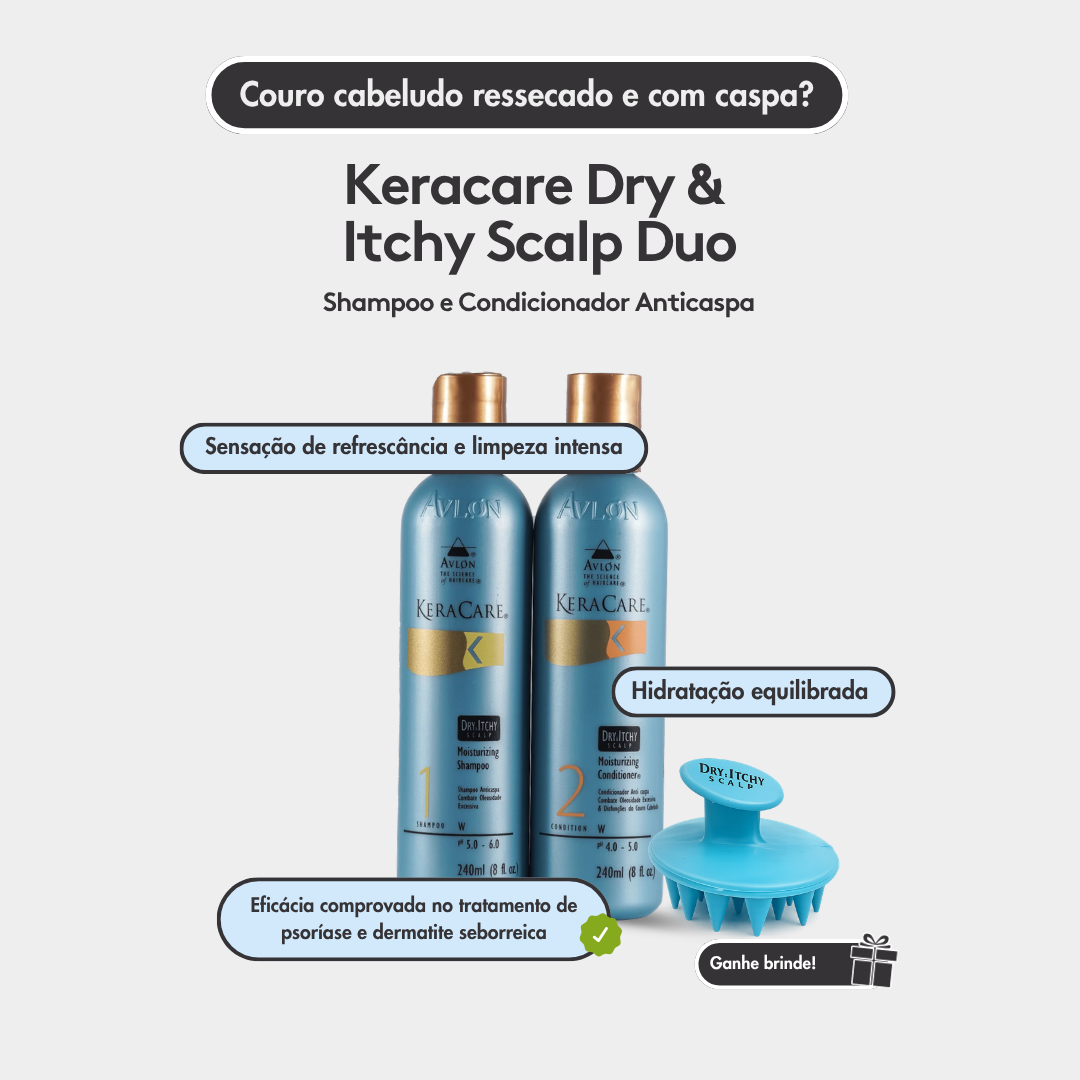 Duo KeraCare Dry &amp; Itchy Scalp com shampoo e condicionador anticaspa para limpeza, hidratação e cuidado do couro cabeludo.