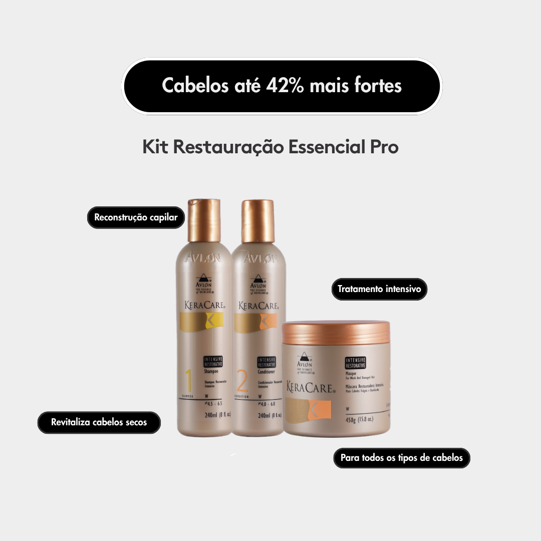 Kit KeraCare Restauração Essencial Pro com shampoo, condicionador e máscara para reconstrução capilar e cabelos mais fortes.