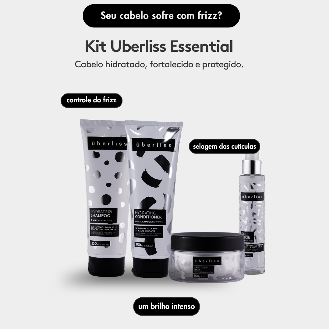 Kit Uberliss Essential com shampoo, condicionador, máscara e finalizador para hidratação, controle do frizz e brilho intenso.