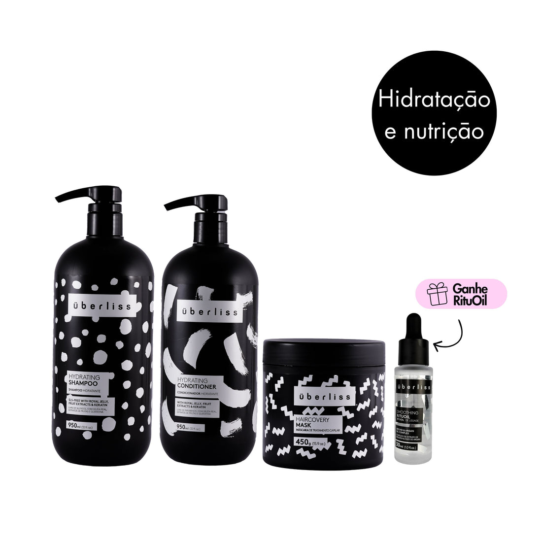 Kit Uberliss Hydrating com shampoo, condicionador, máscara e óleo RituOil para hidratação e controle do frizz.