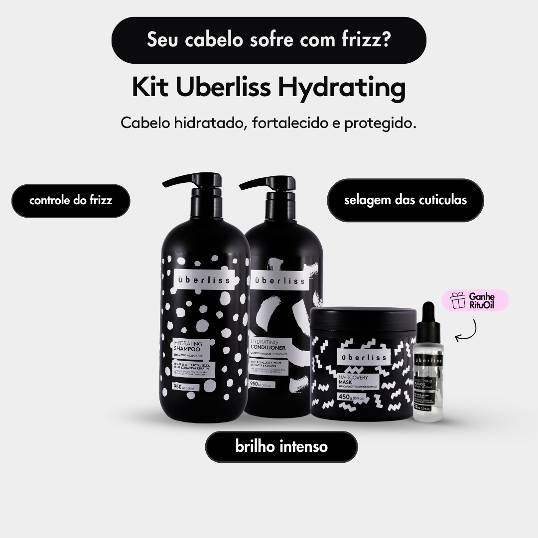 Kit Uberliss Hydrating com shampoo, condicionador, máscara e óleo RituOil para hidratação, controle do frizz e brilho intenso.
