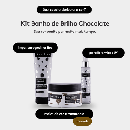 Kit Uberliss Banho de Brilho Chocolate com shampoo, máscara tonalizante e protetor térmico para realce da cor e tratamento.