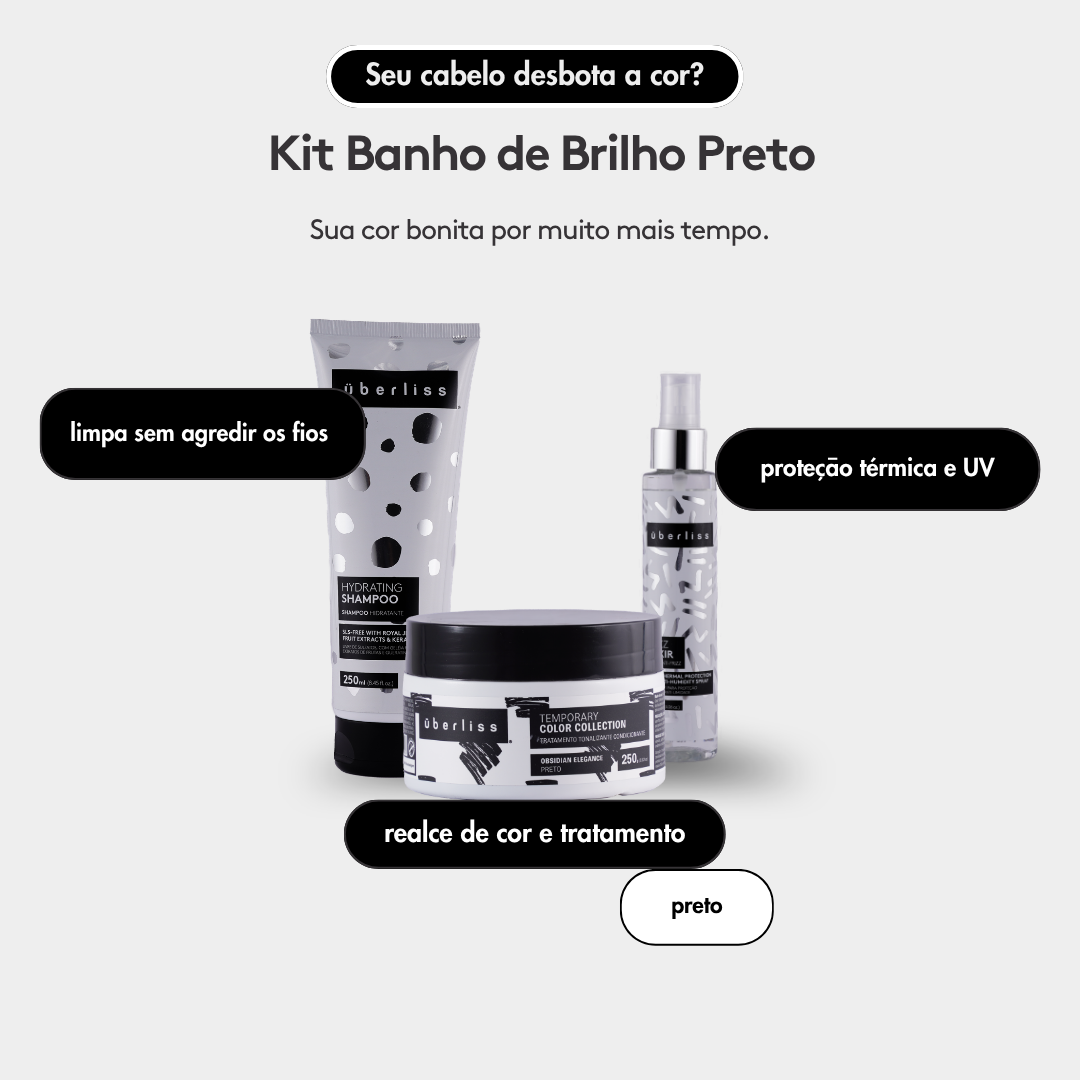 Kit Uberliss Banho de Brilho Preto com shampoo, máscara tonalizante e protetor térmico para realce da cor e tratamento.
