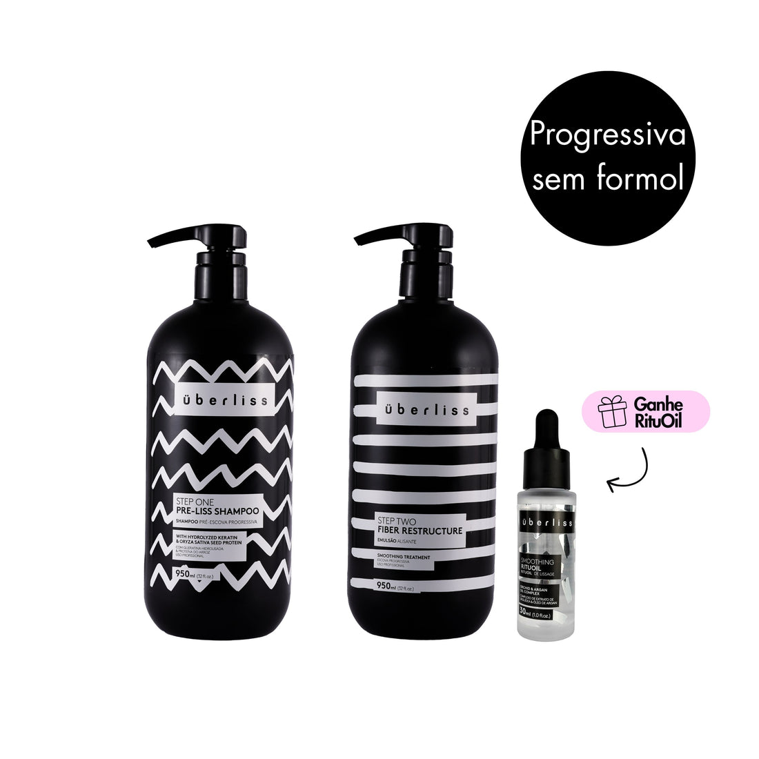 Kit Uberliss para progressiva sem formol com pré-shampoo, Fiber Reconstructor e óleo RituOil.