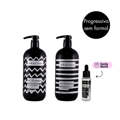 Kit Uberliss para progressiva sem formol com pré-shampoo, Fiber Reconstructor e óleo RituOil.