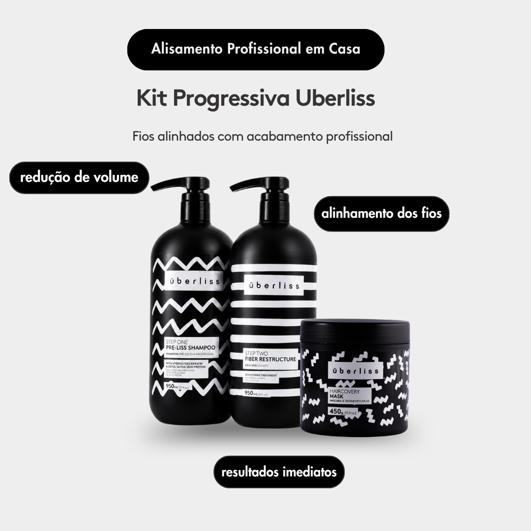 Kit Progressiva Uberliss com pré-shampoo, reconstrutor e máscara para redução de volume e alinhamento dos fios.