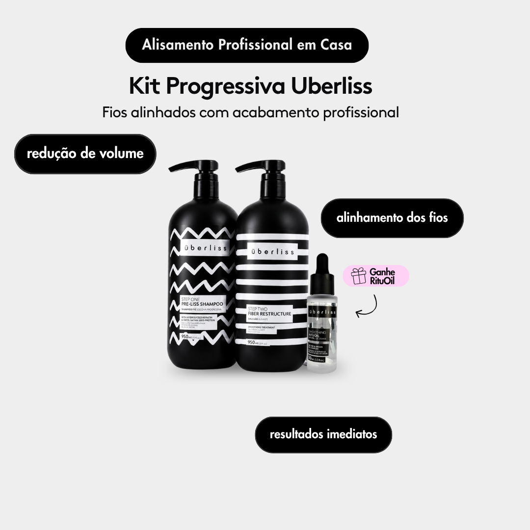 Kit Progressiva Uberliss com pré-shampoo, reconstrutor e óleo RituOil para redução de volume e alinhamento dos fios.