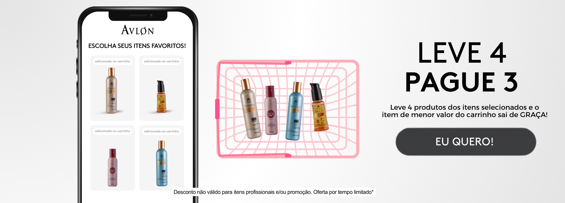 Celular e cesta com produtos Avlon em banner da promoção Leve 4, Pague 3