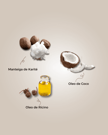 Imagem com Manteiga de Karité, óleo de coco e óleo de rícino, ingredientes conhecidos por fortalecer os fios, hidratar profundamente e estimular o crescimento saudável do cabelo. Ideal para fórmulas nutritivas e reparadoras.