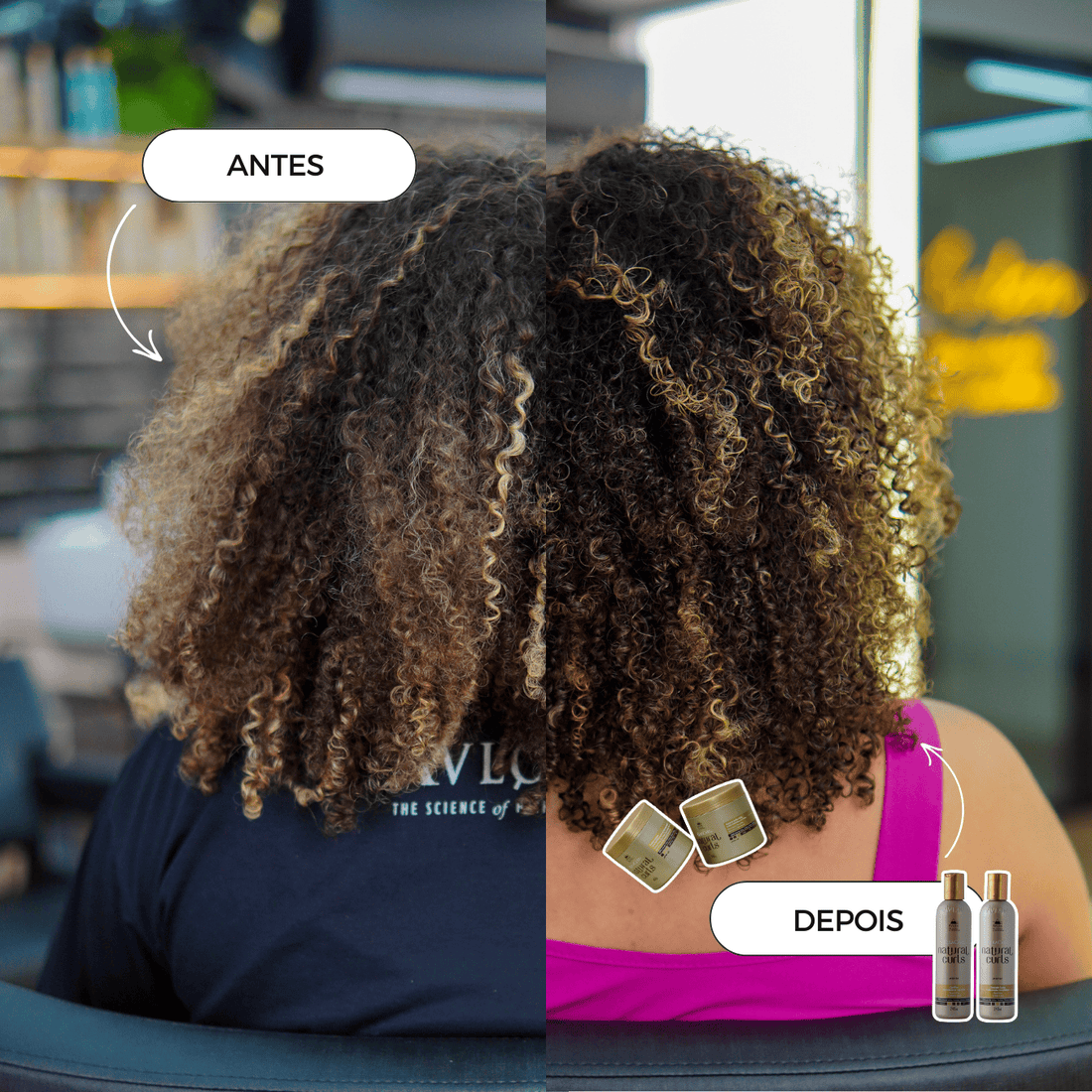 Imagem de antes e depois com a linha KeraCare Natural Curls Classic, mostrando cachos mais definidos, hidratados, com menos frizz e aparência naturalmente saudável.