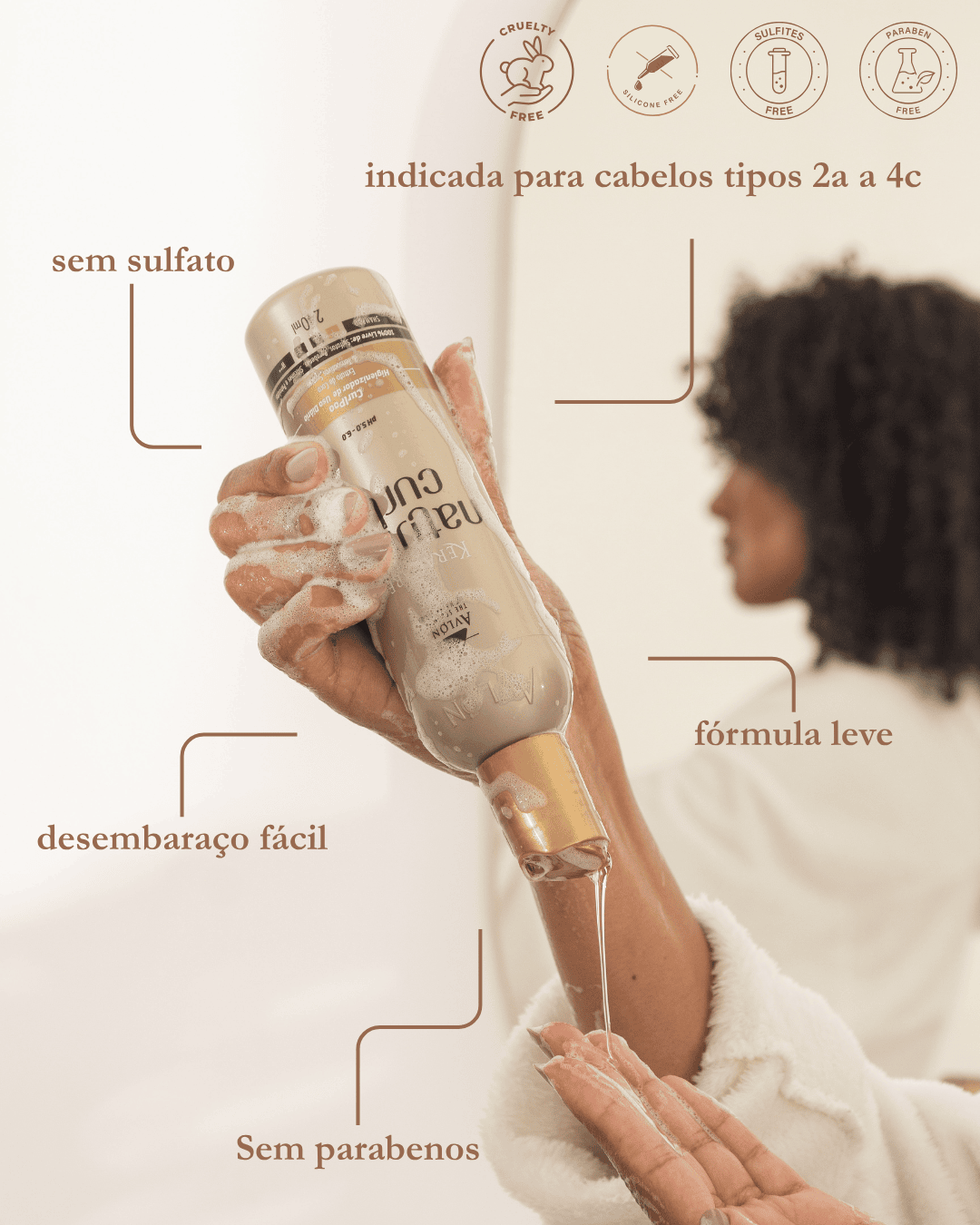 Frasco do shampoo nutritivo e desembaraçante para cabelos crespos e cacheados. Fórmula com extrato de côco, óleo de jojoba e pró-vitamina B5, que limpa suavemente, hidrata, reduz a porosidade e facilita o desembaraço dos fios, preservando os nutrientes naturais. Livre de sulfatos, parabenos, silicones e petrolatos. Ideal para cabelos coloridos.