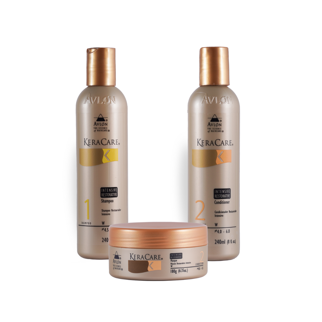  Kit KeraCare Intensive Restorative para fortalecimento capilar. Inclui shampoo de 240ml que restaura hidratação e brilho, condicionador de 240ml que fortalece e facilita o desembaraço, e máscara de 180g que repara profundamente a fibra capilar, deixando os fios mais fortes, macios e saudáveis