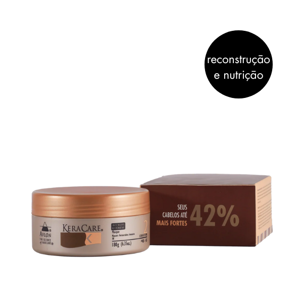 Máscara de reconstrução KeraCare Intensive Restorative 180 g em pote com tampa dourada, ao lado da caixa.