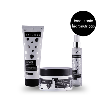 Kit Tonalizante Preto Überliss: Shampoo Hidratante, Máscara Temporary Color Collection Obsidian Elegance Preto 250g e Elixir Anti-Frizz 120ml