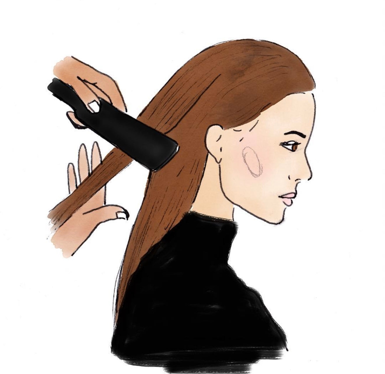 Chapinha sendo passada cuidadosamente em pequenas mechas para selar a queratina no fio.