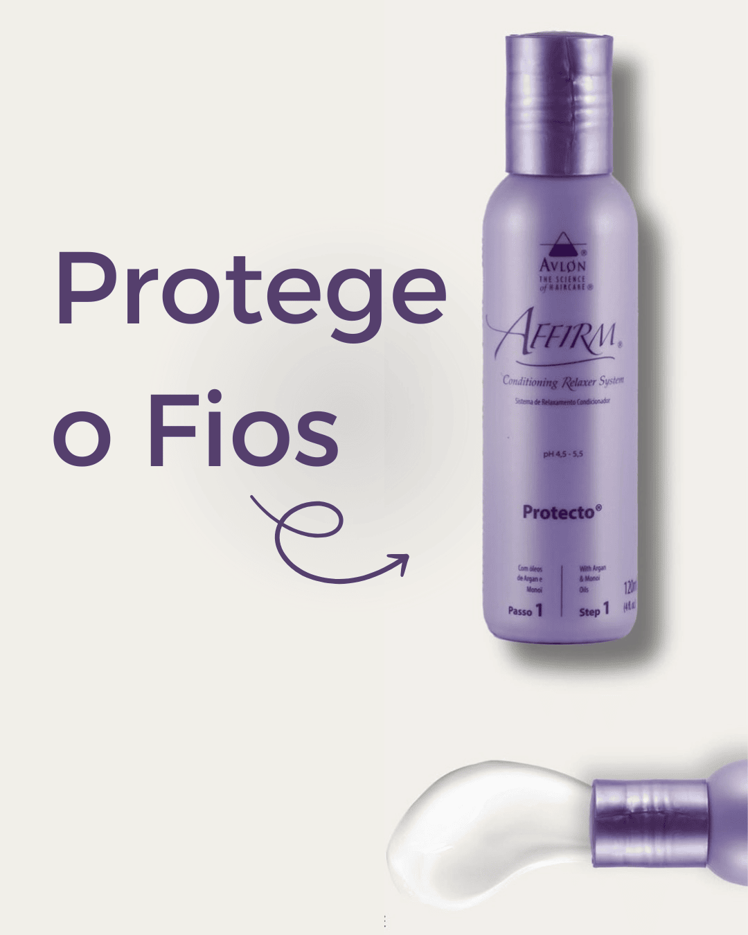Protetor capilar pré-química que condiciona por até quatro lavagens, repara danos, realinha fibras, corrige pontas duplas e facilita aplicação do creme alisante.