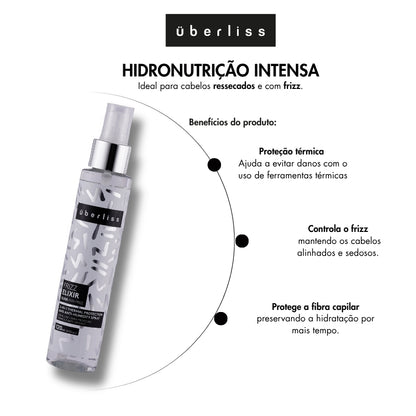 Uberliss Frizz Elixir 120 ml com benefícios de proteção térmica, controle do frizz e proteção da fibra capilar