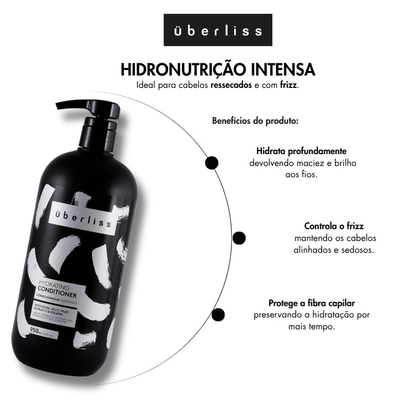 Condicionador Uberliss Hydrating Conditioner 950 ml com benefícios de hidratação profunda, controle do frizz e proteção da fibra capilar.