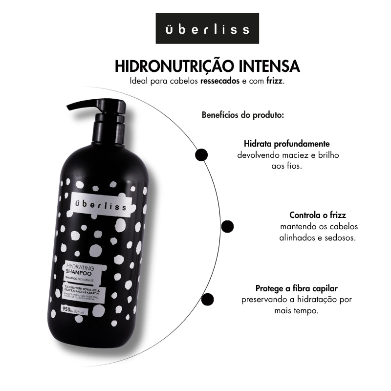 Shampoo Hidratante Überliss 950 ml com benefícios de hidratação profunda, controle do frizz e proteção da fibra capilar