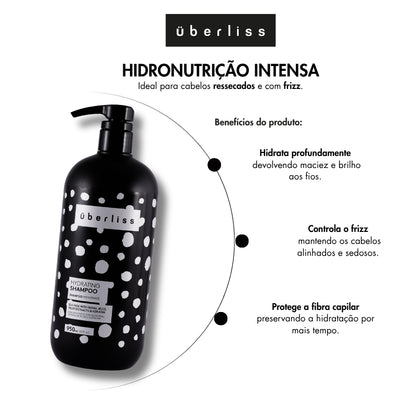 Shampoo Hidratante Überliss 950 ml com benefícios de hidratação profunda, controle do frizz e proteção da fibra capilar