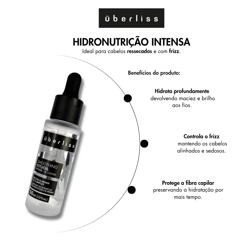 Óleo capilar Überliss Smoothing RituOil 30 ml com benefícios de hidratação profunda, controle do frizz e proteção da fibra capilar